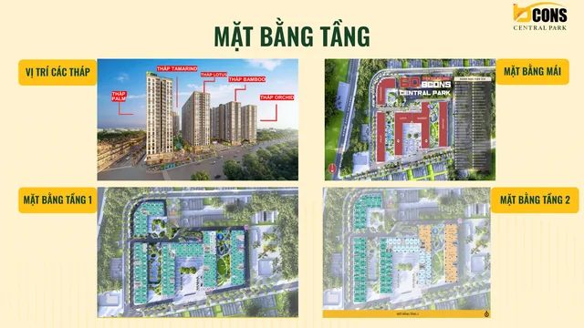 Vị trí 5 tháp, mặt bằng tầng 1, tầng 2 và tầng mái